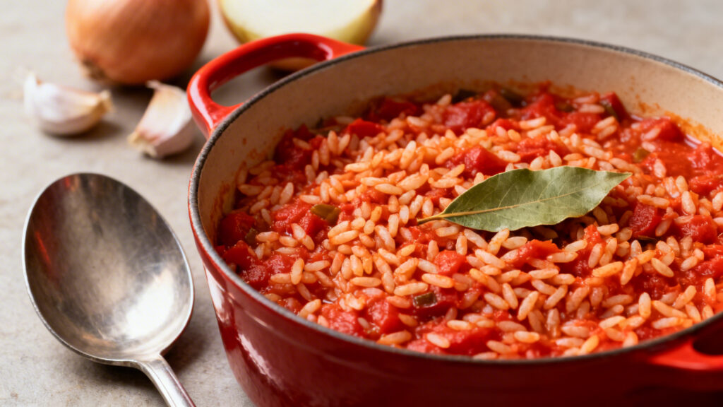 Riz à la tomate aux grains détachés avec laurier et oignon