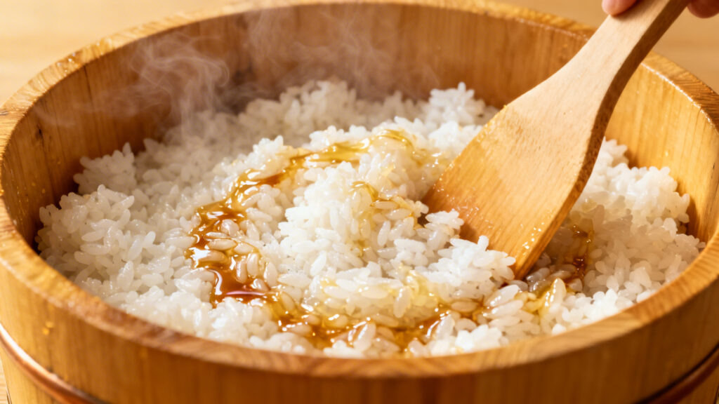Riz à sushi assaisonné, texture collante et grains lustrés