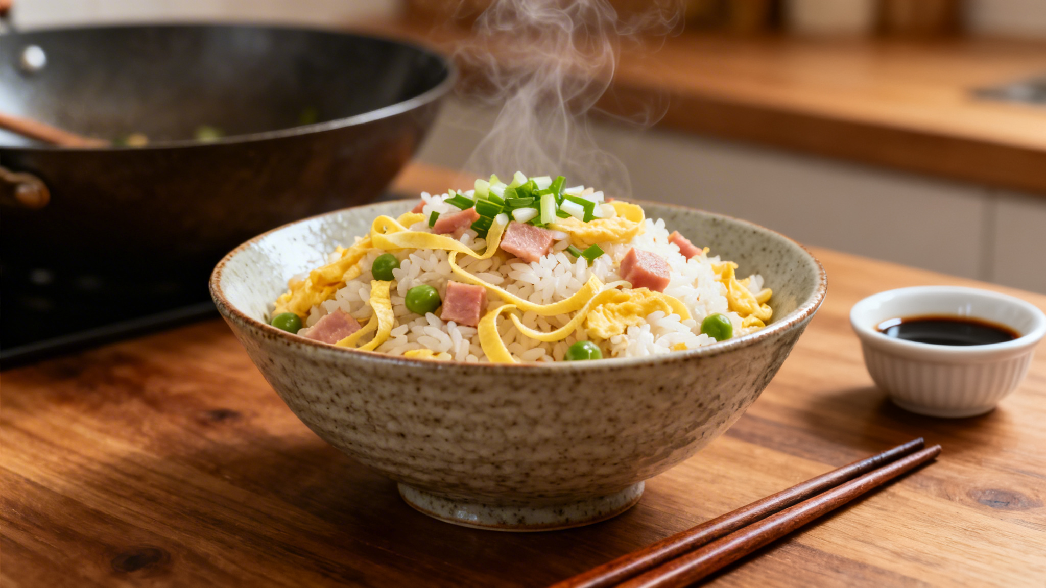 Bol illustrant la recette de riz cantonais, grains détachés