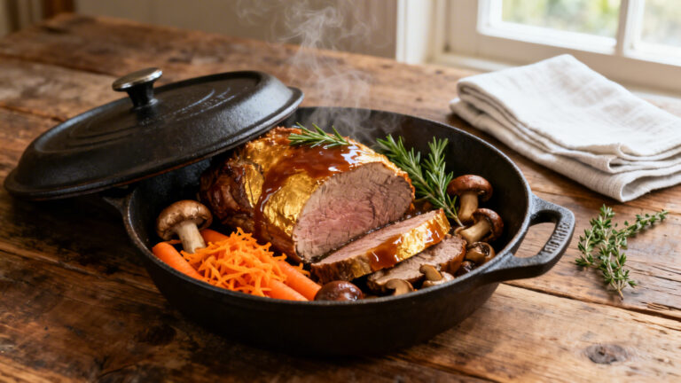 Rôti de veau en cocotte tranché, jus brillant et herbes