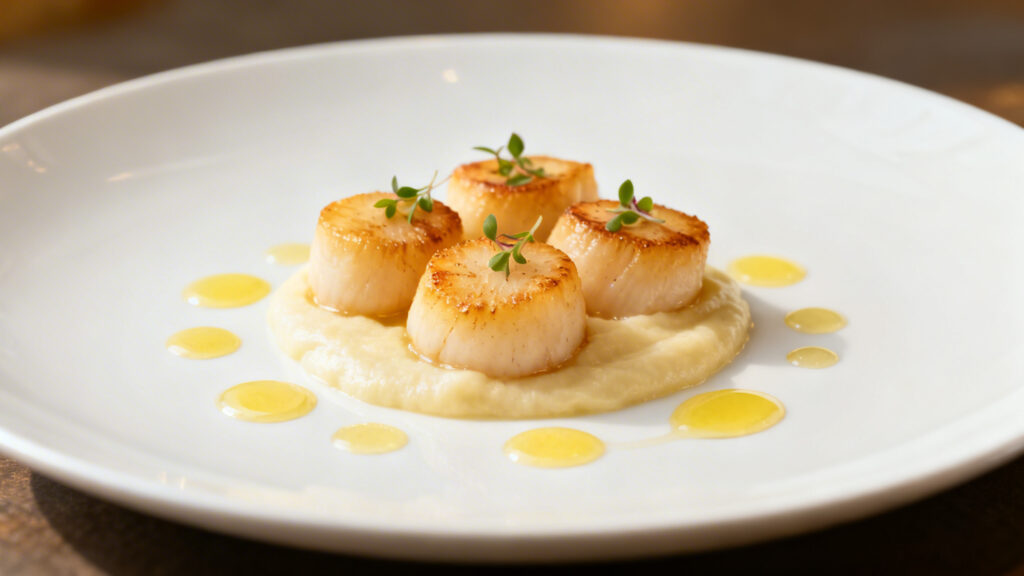 Saint-Jacques poêlées nacrées avec purée de panais soyeuse