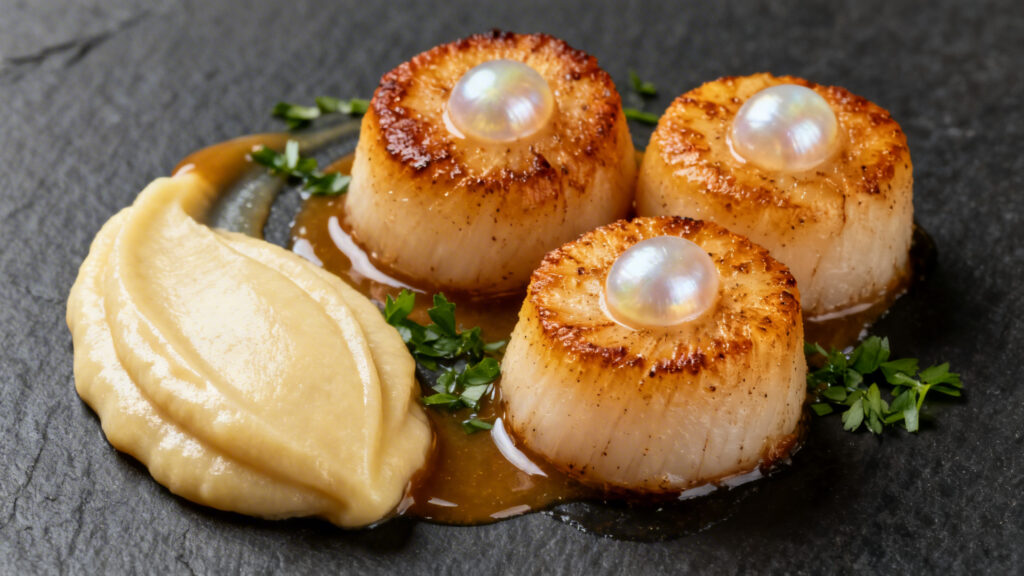 Saint-Jacques dorées avec purée de topinambour soyeuse