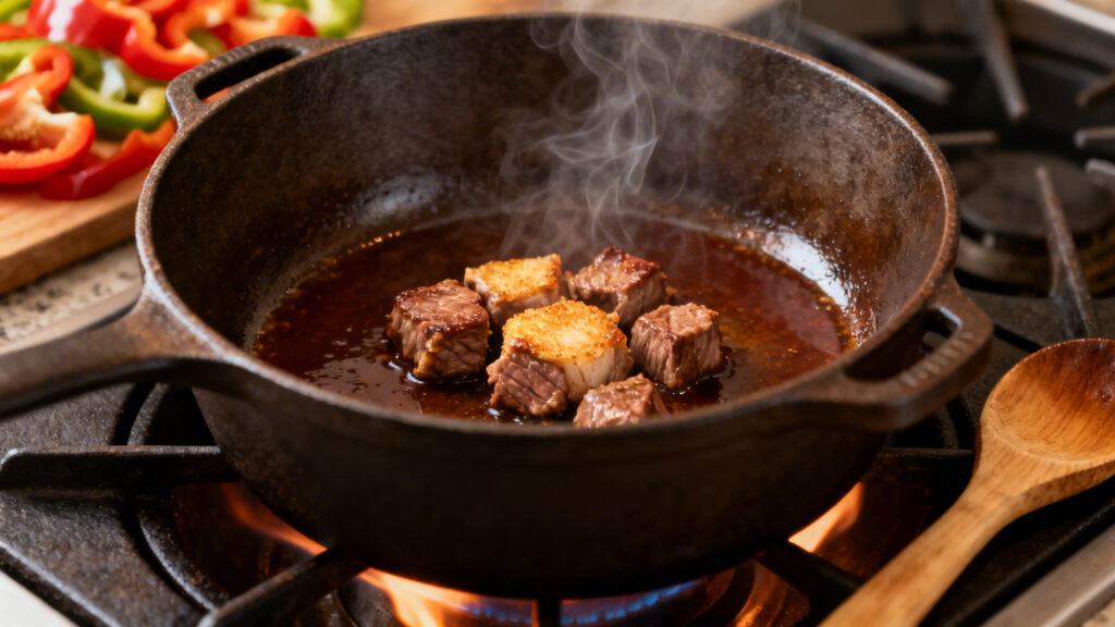 Saisir le veau sur feu vif, sucs bruns au fond