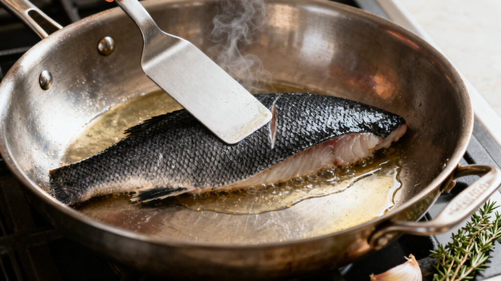 Filet de black bass saisi côté peau, spatule en appui