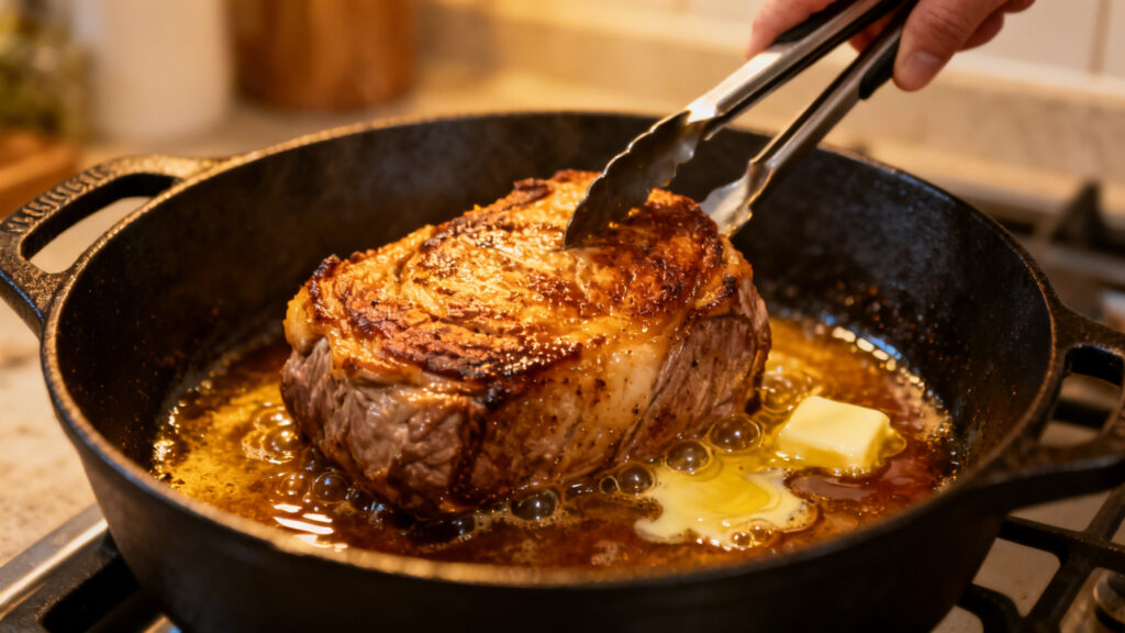 Saisir le rôti de veau, sucs de cuisson en cocotte