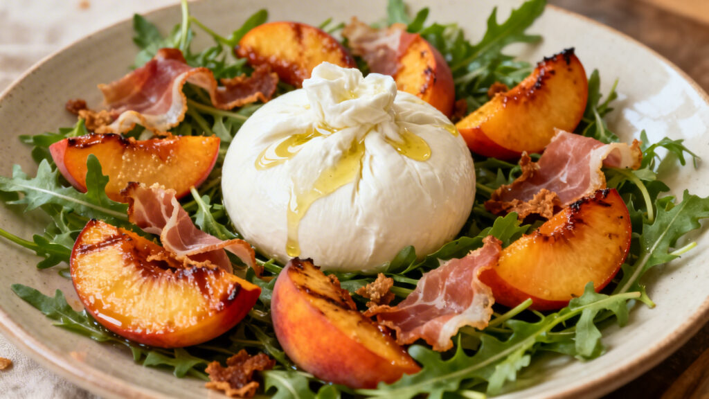 Entrée originale burrata pêches rôties speck