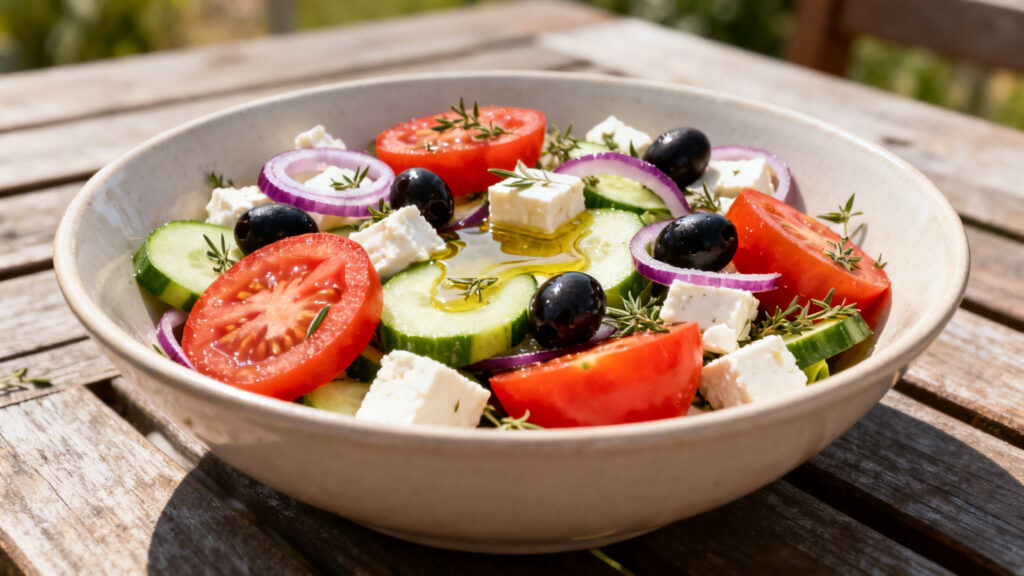 Salade grecque avec feta, tomate et concombre