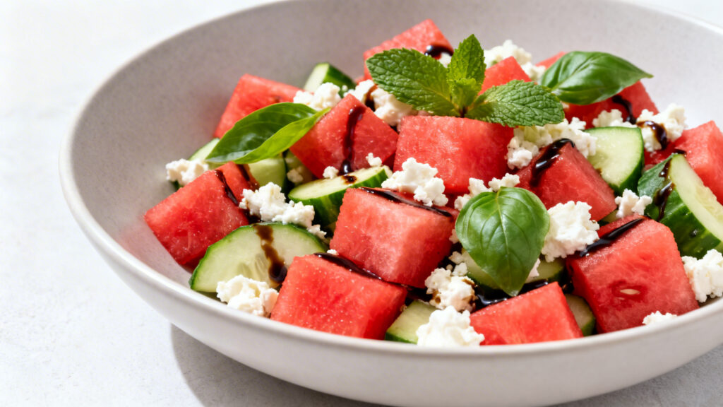 Salade fraîche pastèque concombre feta pour poisson