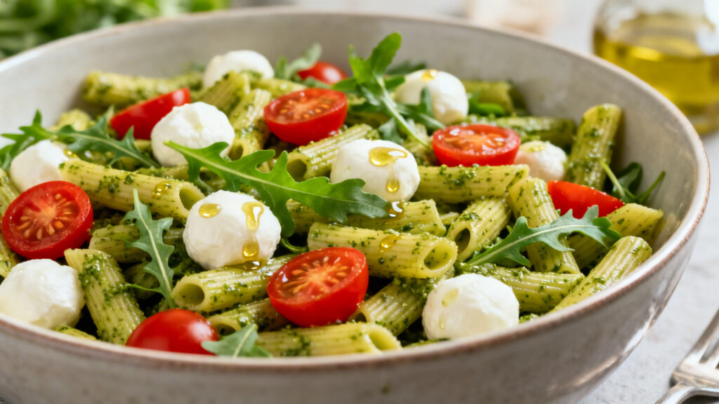 Salade de pâtes pesto, tomates cerises et mozzarella