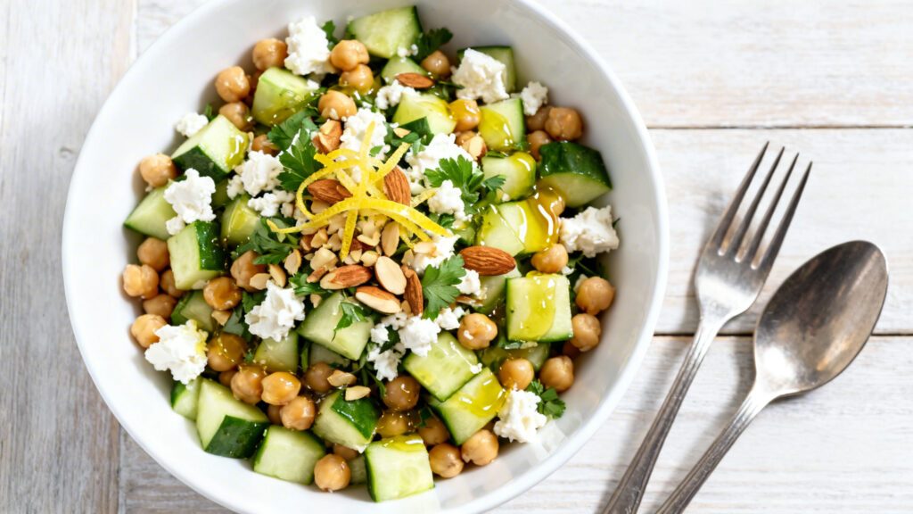Salade complète protéinée pois chiches, feta et citron