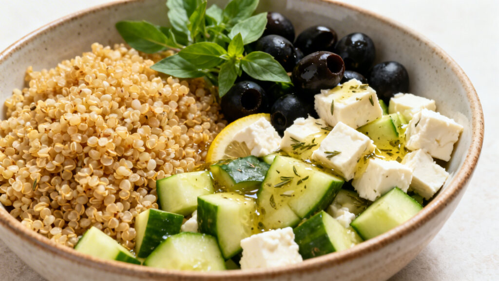 Salade méditerranéenne quinoa, feta et concombre