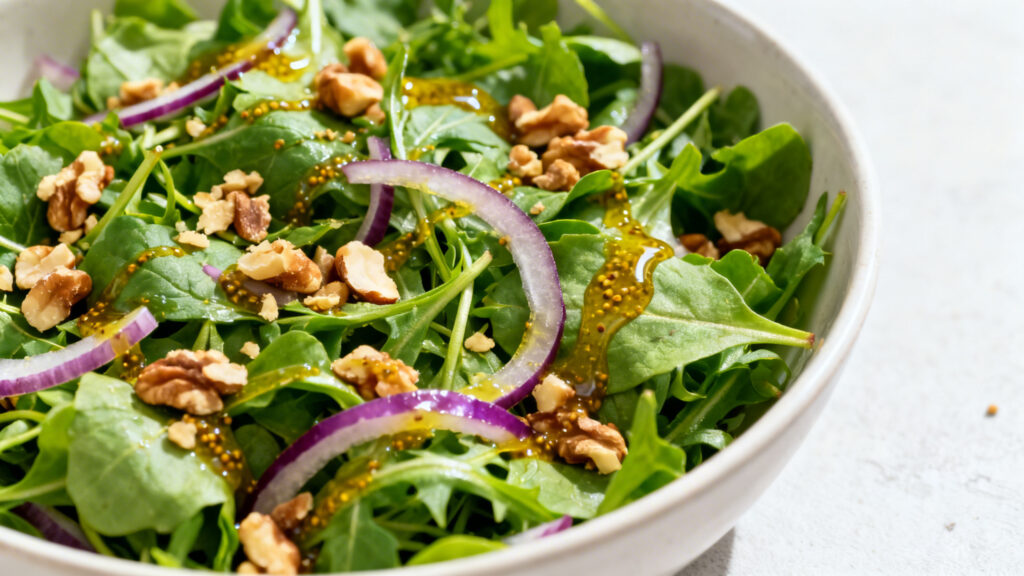 Salade verte croquante à la vinaigrette moutardée et noix