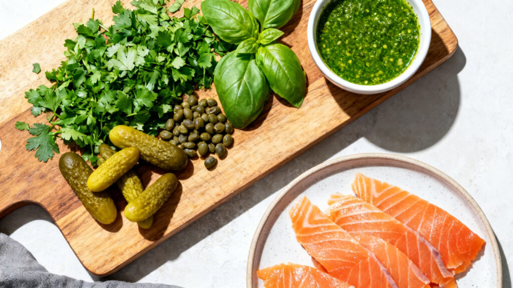 Salsa verde herbacée et câpres pour saumon