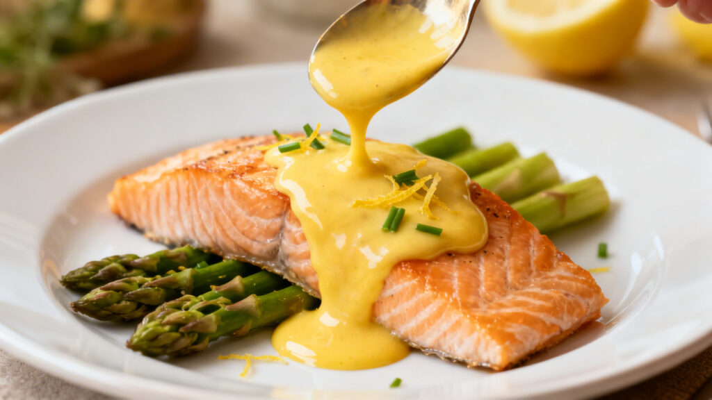 Pavé de saumon nappé de sauce hollandaise citronnée