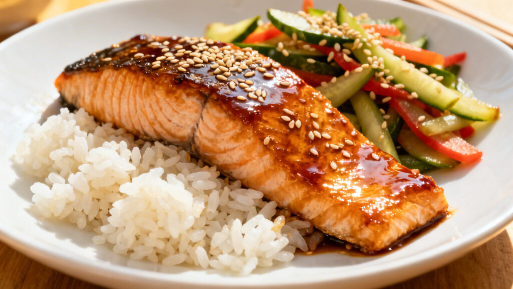 Saumon laqué au miso avec riz vapeur et pickles croquants