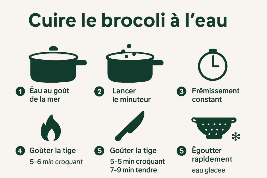 Étapes clés cuisson brocoli à l’eau, temps précis