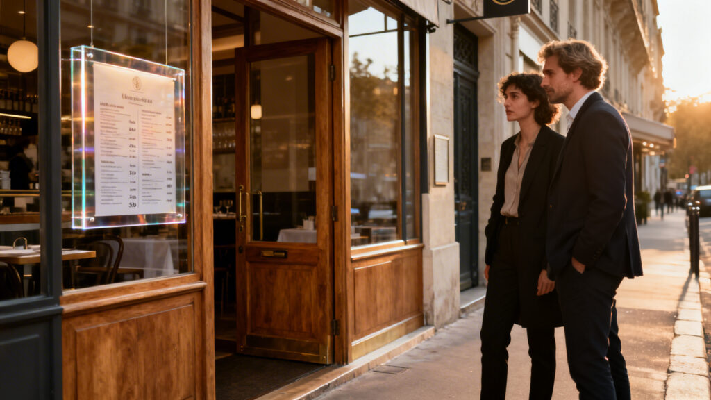 Façade propre avec carte visible et affichage des prix clair