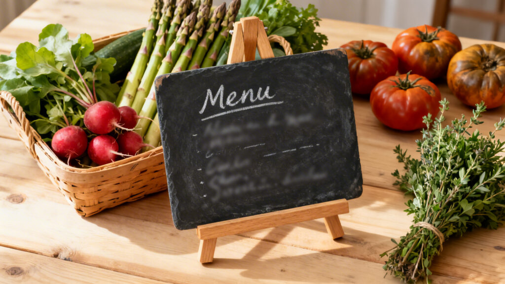 Ardoise de menu courte et produits de saison en évidence