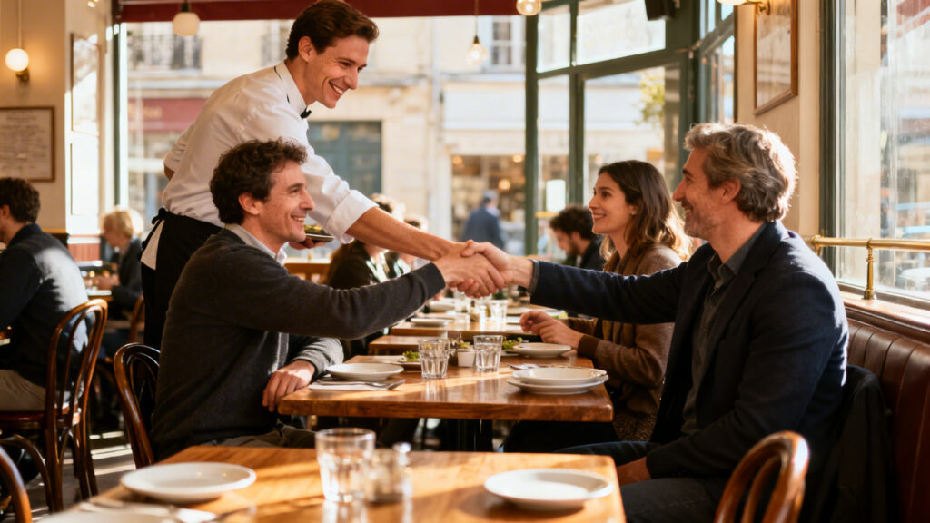 Clientèle locale qui échange avec l’équipe dans une salle vivante