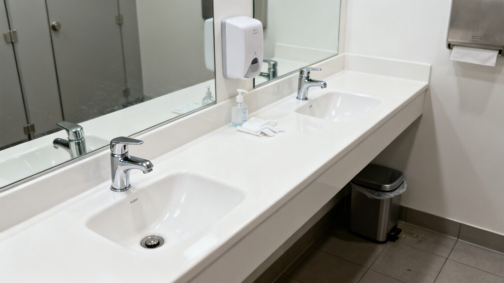 Toilettes de restaurant propres avec savon et essuie-mains