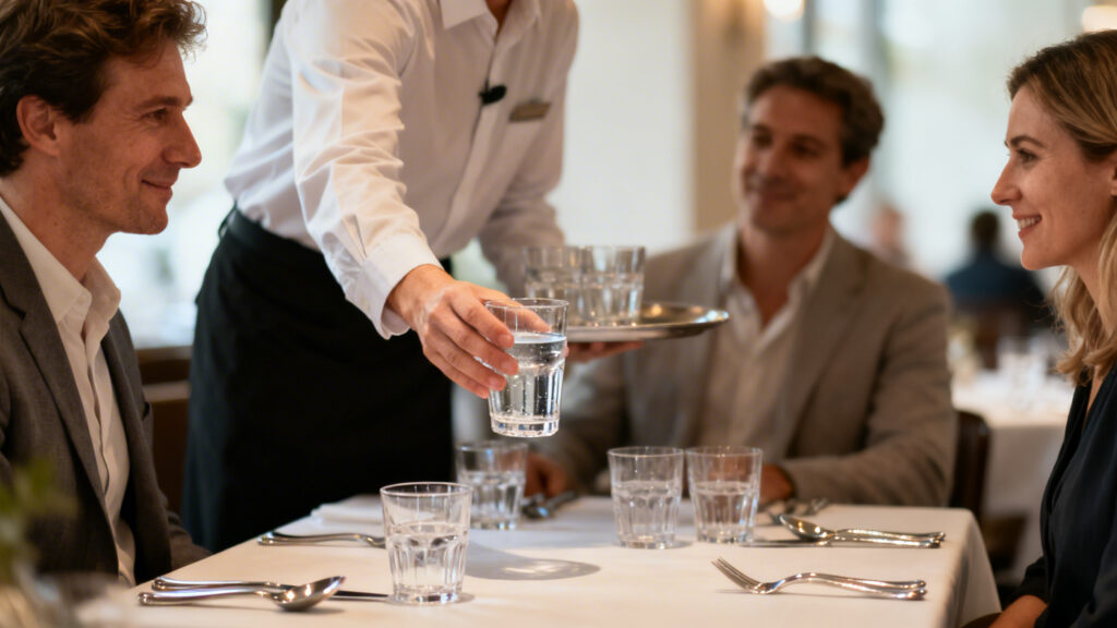 Serveur attentif qui accueille et sert une table