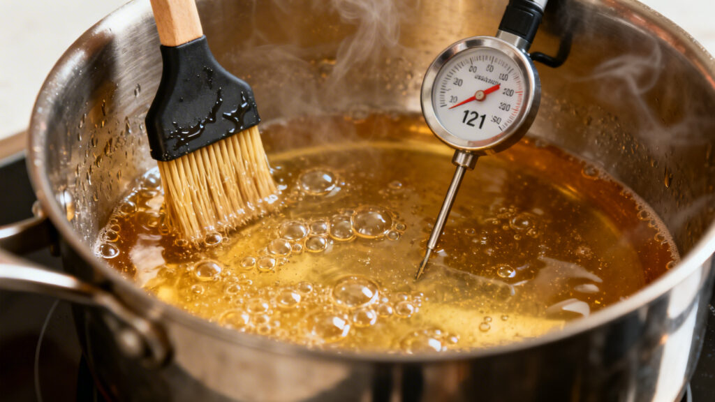 Sirop de sucre à 121&nbsp;°C, bulles fines et pinceau humide