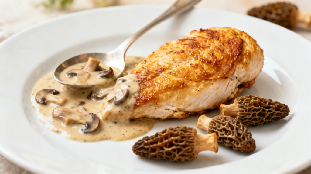 Suprême de poulet peau croustillante avec sauce aux morilles