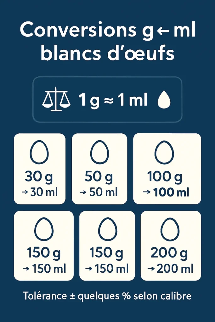 Tableau conversions grammes en ml pour blancs d'œufs