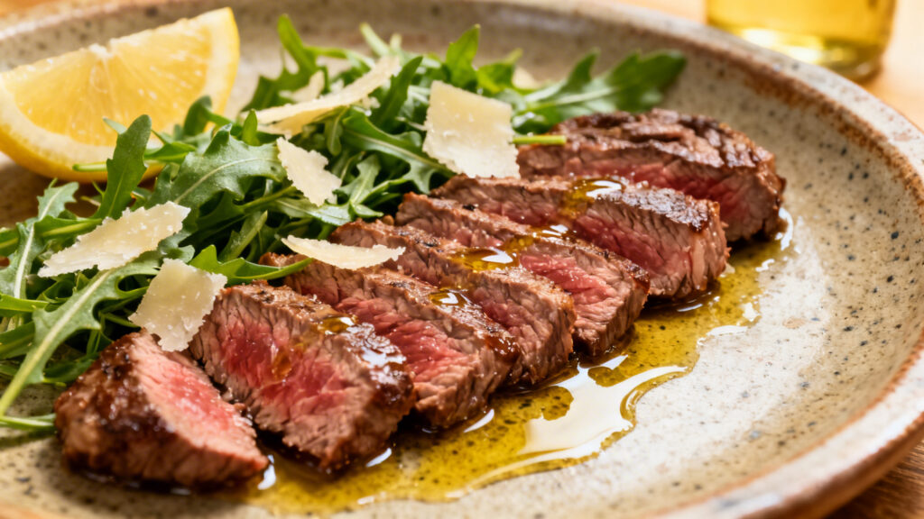 Tagliata de bœuf saignant, roquette et parmesan