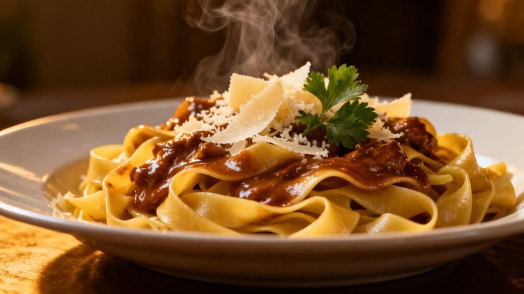 Tagliatelles fraîches al dente au jus de viande brillant