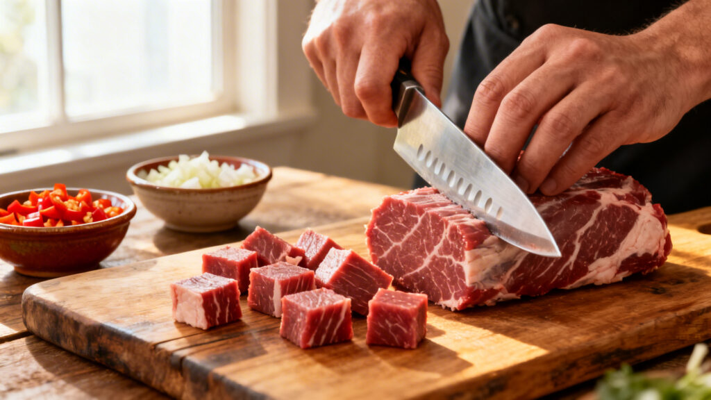 Viande taillée au couteau en dés d’1 cm, contre le fil