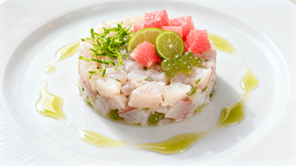 Tartare de bar aux agrumes, caviar végétal citronné
