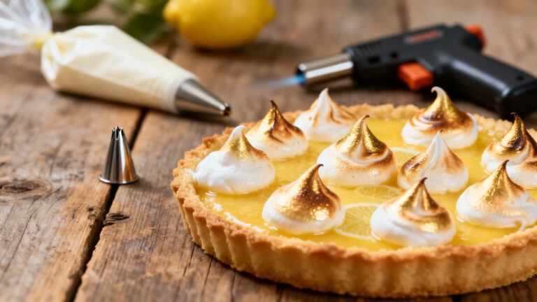 Tarte citron nappée de meringue italienne, pointes dorées