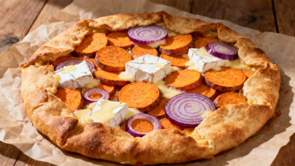 Tarte patate douce au brie et oignon rouge
