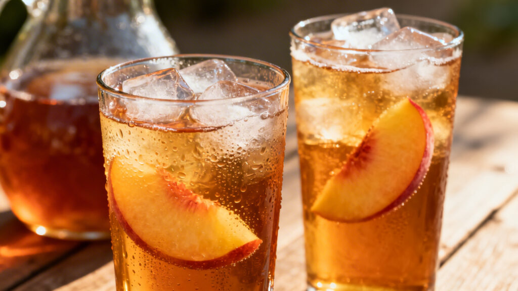 Thé glacé maison à la pêche, verres givrés