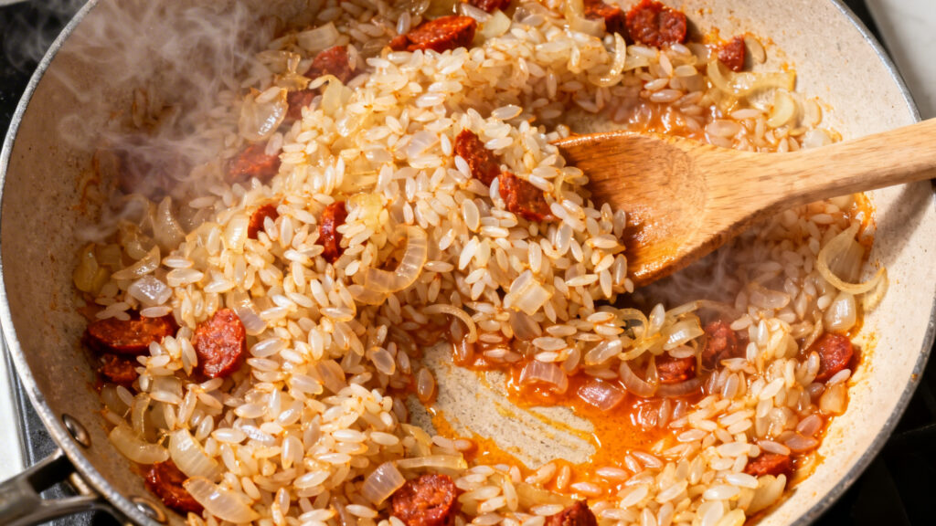 Riz nacré avec oignon dans huile de chorizo, cuillère en bois