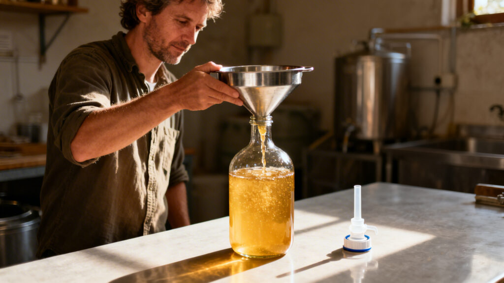 Transfert du moût d’hydromel dans dame-jeanne