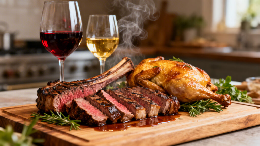 Bœuf grillé et volaille avec verres de vin adaptés
