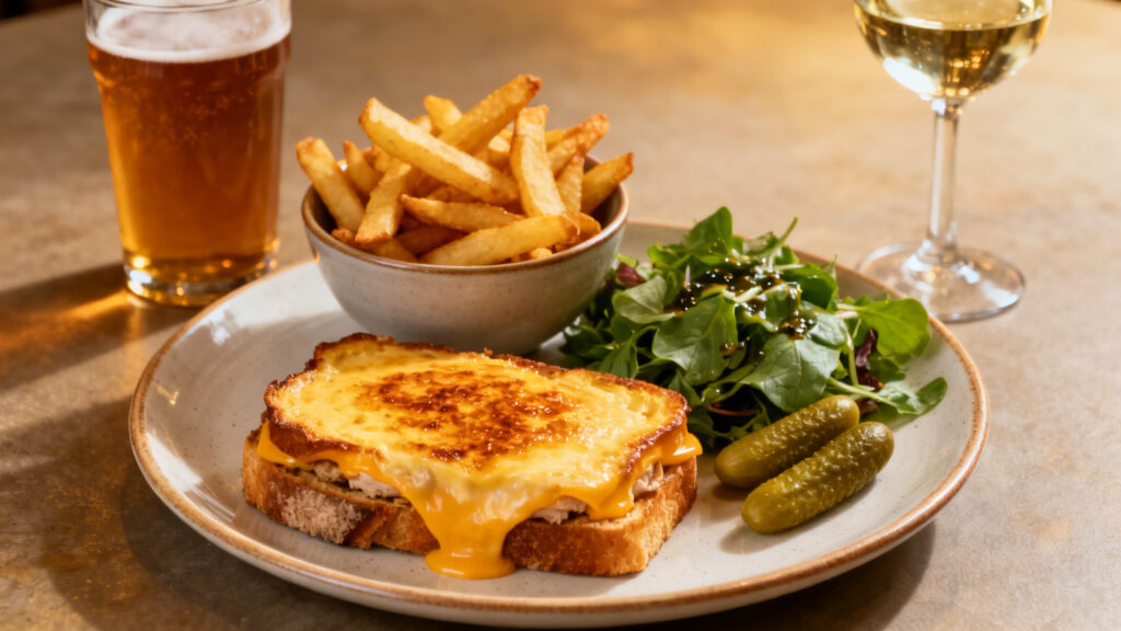 Welsh avec frites croustillantes, salade verte et pickles