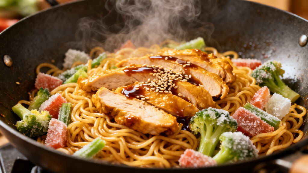 Wok express nouilles, poulet et légumes au soja