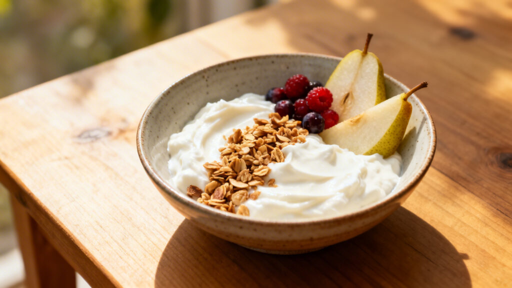 Bol yaourt grec, granola peu sucré et fruits