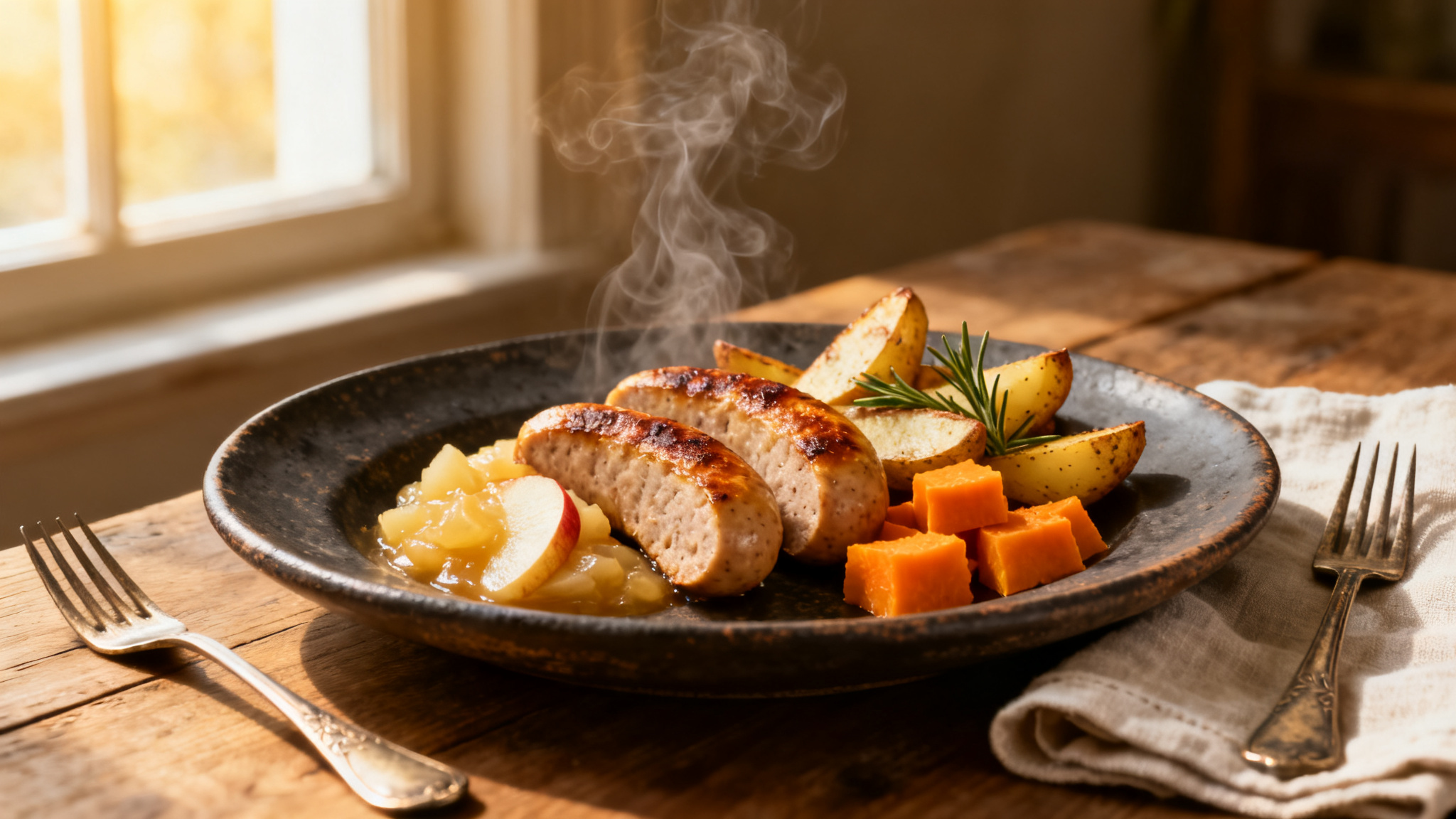 Assiette illustrant l’accompagnement du boudin blanc avec compote, pommes rôties et butternut