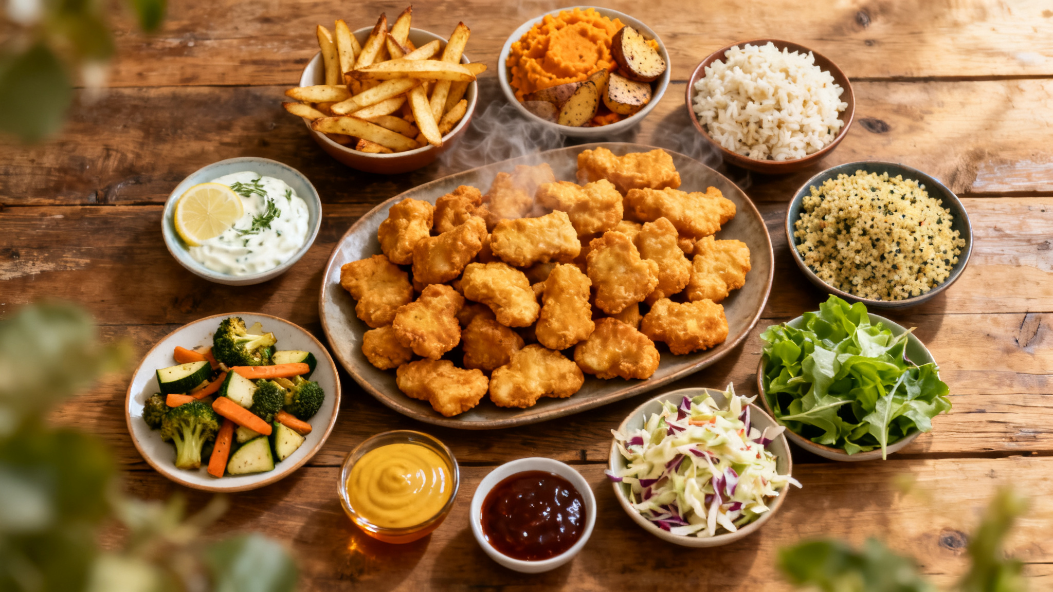 Assortiment d’accompagnements pour nuggets, chaud et frais