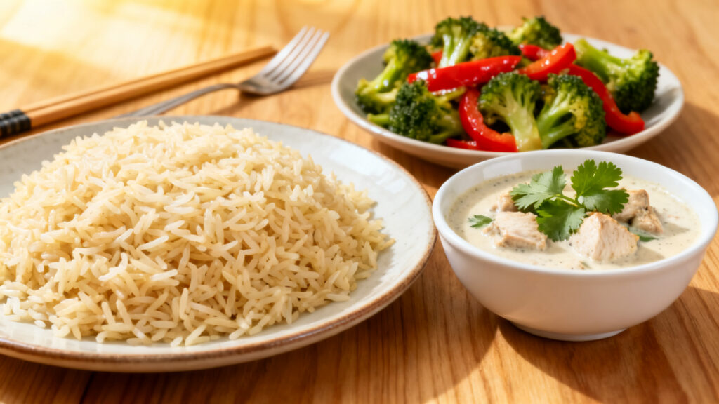 Riz basmati et légumes sautés avec curry de poulet