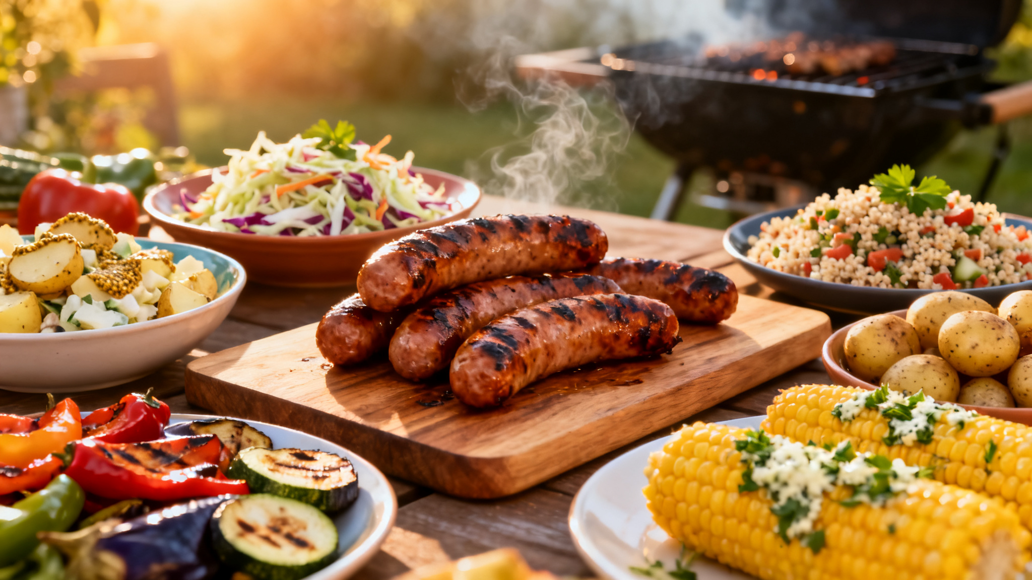 Assortiment d’accompagnements pour saucisses au barbecue sur table d’été