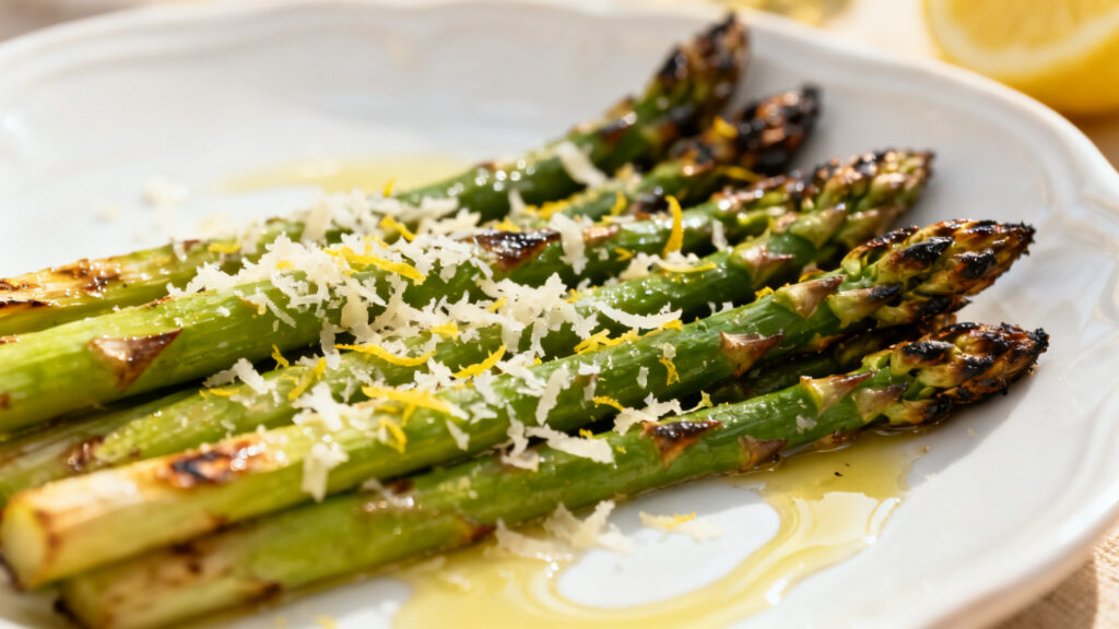 Asperges rôties croquantes, parmesan et zeste de citron