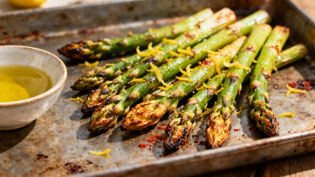 Asperges vertes rôties, zeste de citron, piment d’Espelette