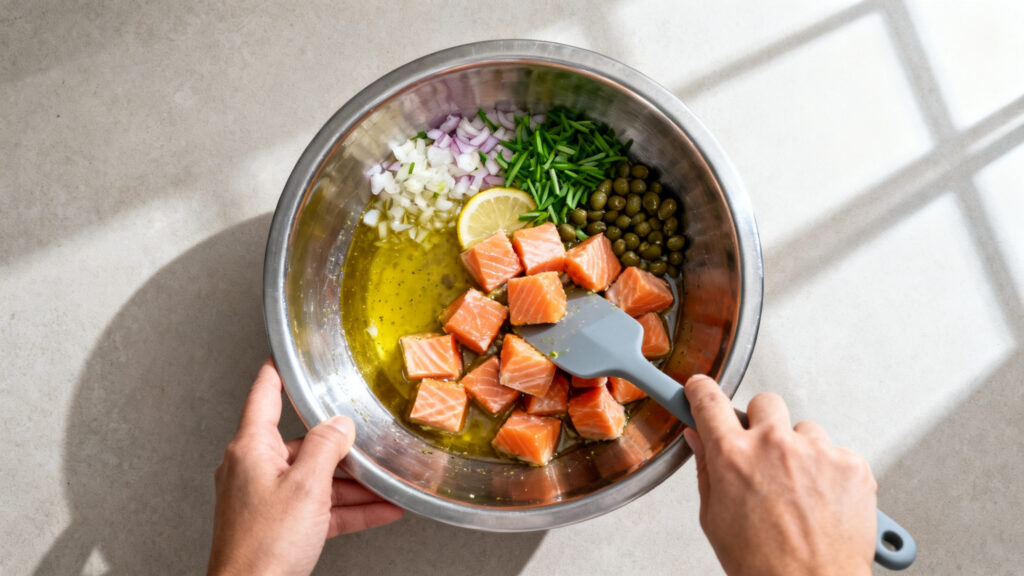 Assaisonnement du tartare avec citron, câpres, ciboulette et saumon