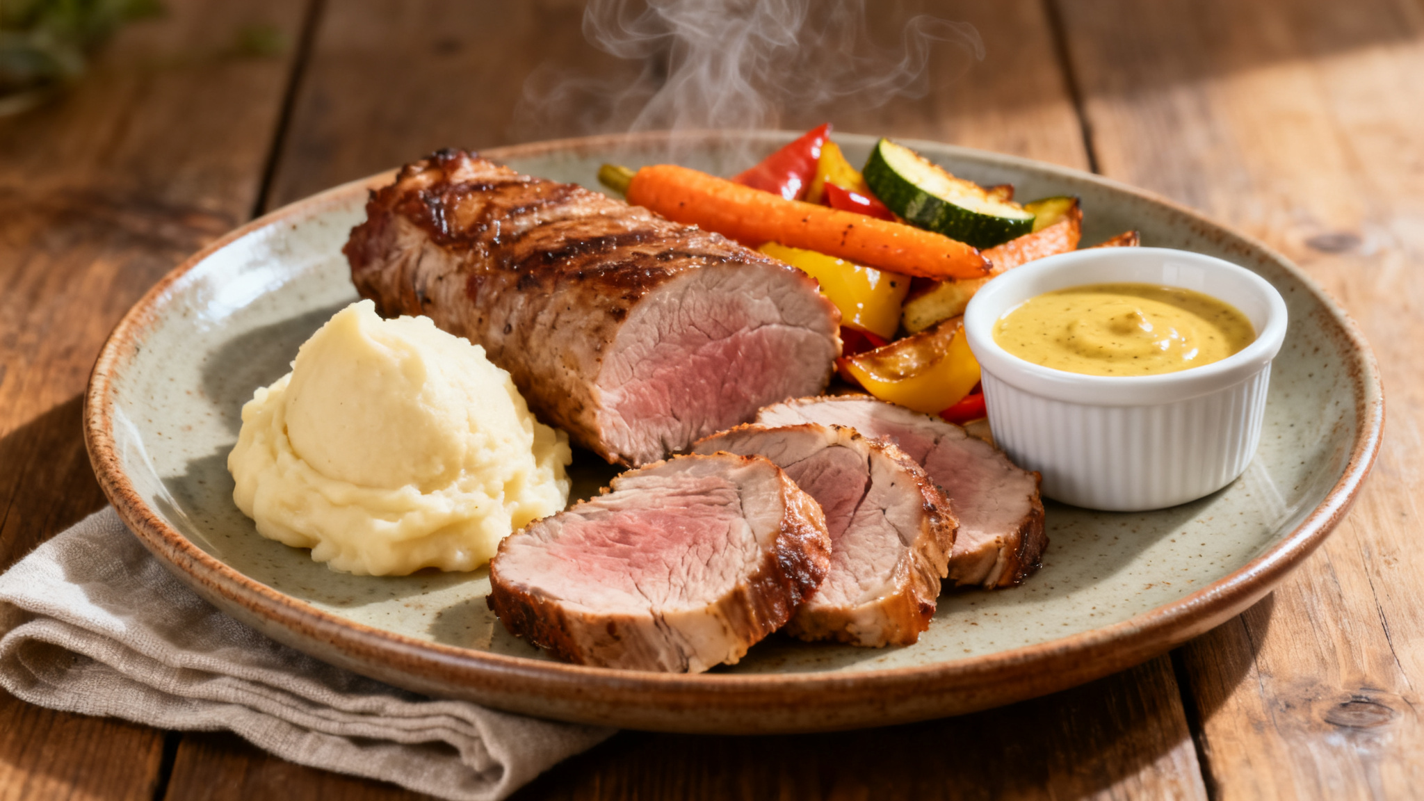 Assiette d’accompagnement pour un filet mignon avec purée et légumes rôtis