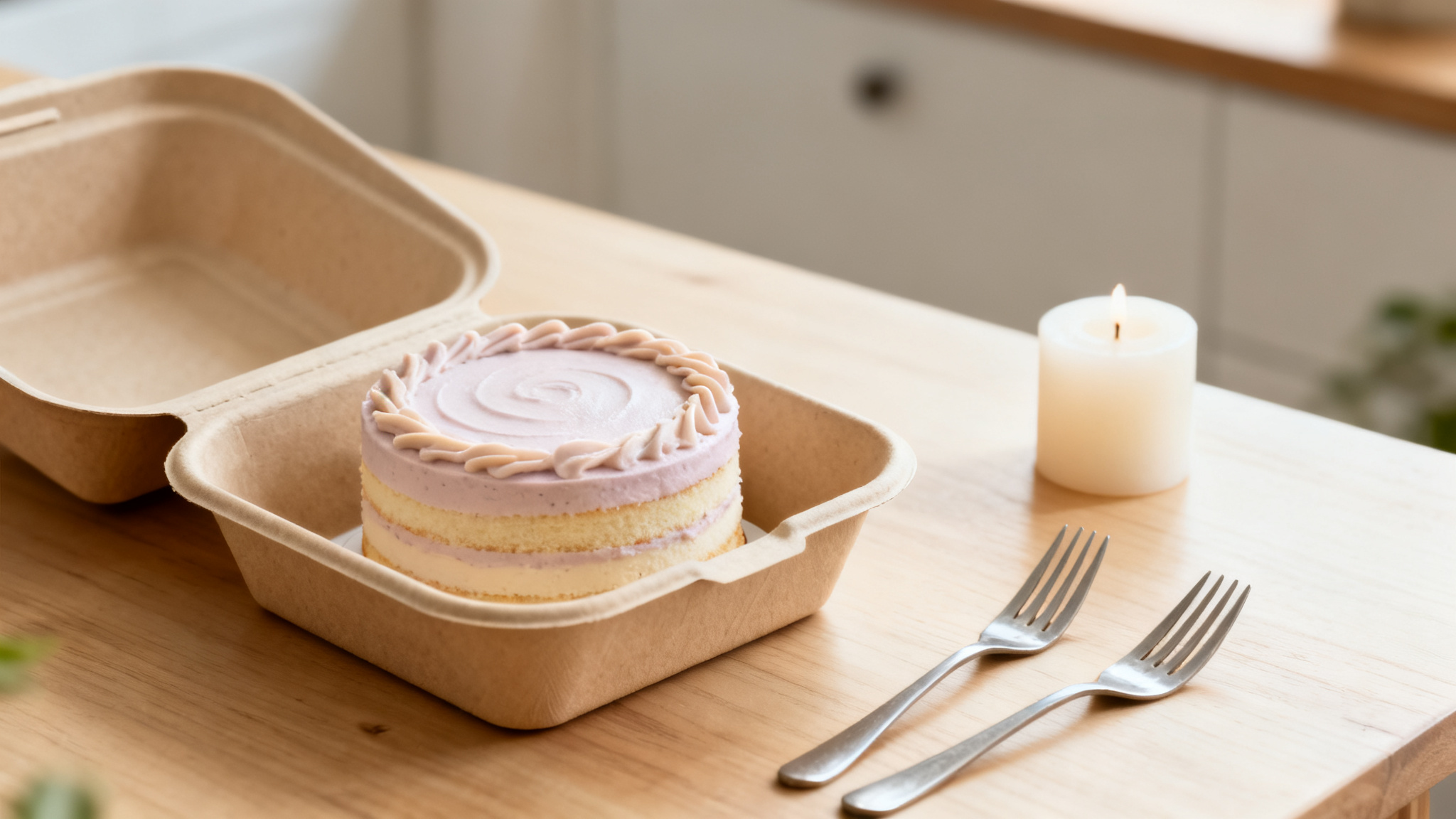Bento cake minimaliste dans sa boîte bento, glaçage pastel